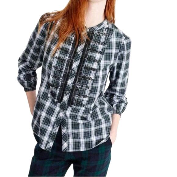 J. Crew Embellished Sequin Button Up Tartan Plaid Top Forest Green Cotton Medium - Picture 1 of 11
